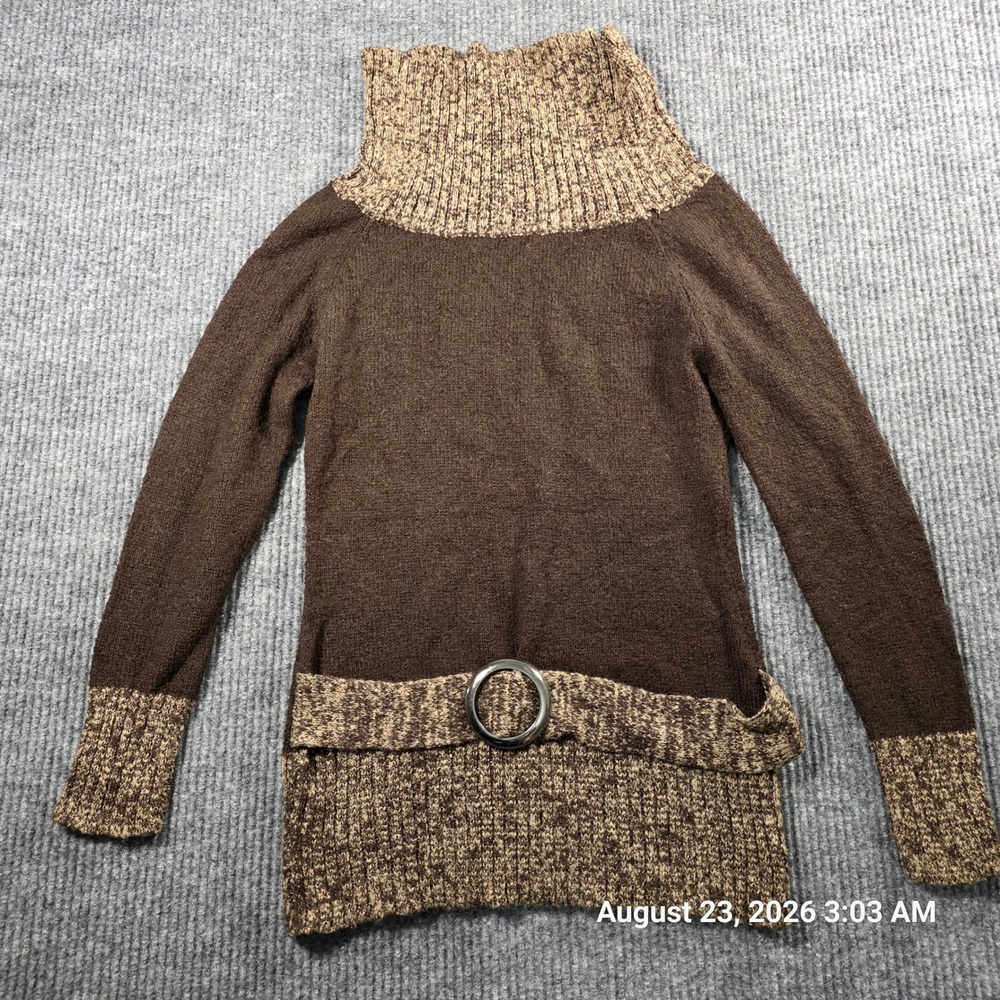Dots Womens Brown Turtleneck Sweater Belted Buckle Detail Size S Y2K